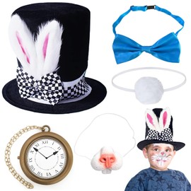 5 PCS Easter Bunny,Rabbit Costume Accessory, Easter White Rabbit Plush Top Hat Nose Plush Tail Pocket Watch Tie,Easter Decorations Props Bunny Dress Up Set for Cosplay Party