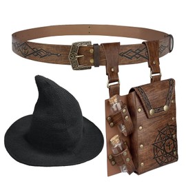 HiiFeuer Medieval Faux Leather Alchemy Set, Witch Pointed Hat for Women, Fantasy Wizard Belt with Potion Vials Waist Pouch (Brown B)