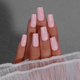 KQueenest Light Pink Press on Nails Long Square, Nude Pink False Nails with Glue, Glossy Solid Medium Coffin Fake Nails Press ons, Reusable Soft Gel Stick on Nail for Women Decoration 24 Pcs