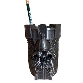 Gray Skull Castle Skeleton Villian Cartoon Desk Organizer 3D Printed Pencil Pen Holder Inspired 80s Fandom Accessory