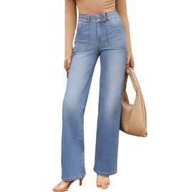 EVALESS Straight Leg Jeans for Women 2025 Trendy Fashion Womens Stretchy High Waisted Wide Leg Jeans Casual Zimbaplatinum Denim Pants with Pockets Iceland Blue Size 14