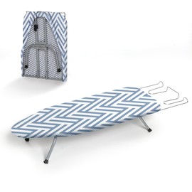 Small Tabletop Ironing Board Foldable, RAINHOL Steel Mesh Portable Iron Board for Dorm and Apartment, with Iron Rest and Heat-Resistant Cotton Cover, 31" x 12", Blue and White Stripes