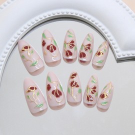 MERVF Almond Press on Nails Medium Fake Nail Flower Rose Glue ons Nails Gold Design Stiletto Acrylic Floral Manicure Glossy 24pcs