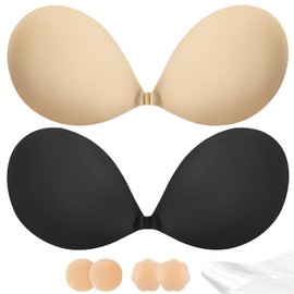 Adhesive Bra Push Up for Women 2 Pair, Sticky Invisible Lifting , Backless Strapless Bras Wedding Dress with Nipple Covers Reusable (Black+Nude/C)