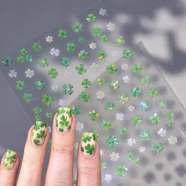 2Pcs St. Patrick's Day Nail Art Stickers 5D Embossed White Shamrock Nail Decals Green Nail Art Supplies Laser Shamrocks Nail Designs Sticker for Women Girls DIY St. Patrick's Day Manicure Decoration
