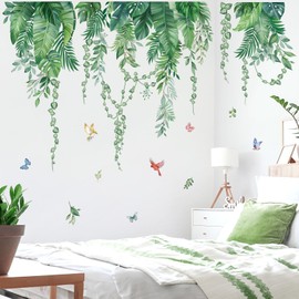 wondever Green Tropical Leaves Wall Stickers Hanging Vines Palm Leaf Plants Peel and Stick Wall Art Decals for Bedroom Living Room Sofa