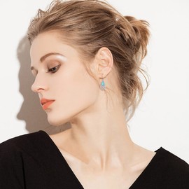 Natural Turquoise Earrings 925 Sterling Silver Filigree Hook Earrings for Women Dangle, Sterling Silver, Turquoise