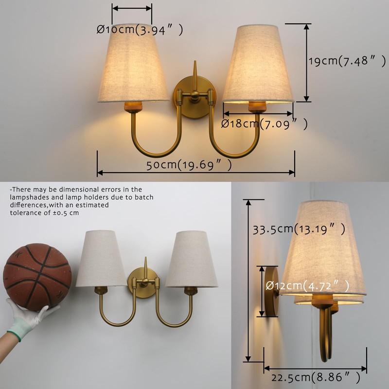 Pathson 2-Lights Linen Fabric Wall Sconce Light, Hardwired Double Curved
