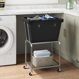 ELYKEN Laundry Cart with Wheels, Rolling Laundry Hamper with Removable Bag and Shelf, Metal Frame Laundry Basket with 4 Casters and 2 Brakes, Ideal for Bedroom, Bathroom, Laundry Room, Black