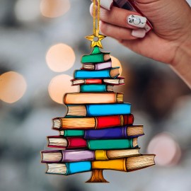 Stack of Books Christmas Ornament 2024, Tree Ornament Bookish Gifts for Book Lovers, Librarians, Reader, Bookworm, Book Club, Book Themed Present Ideas for Women (Wood Ornament with Card)