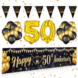 HEQU 50th Anniversary Decorations Kit, 50th Wedding Anniversary Decorations, Black Gold 50 Years Banner Backdrop with 50-Shaped Foil Balloons, Black Gold Balloons, Triangle Flag Bunting