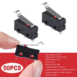VISSQH 50 Pcs 3 pins micro limit switch,5A 125 250V AC 1NO 1NC Long Hinge Semicircular Arc Bending Lever Arm Switch Mini Micro Switch