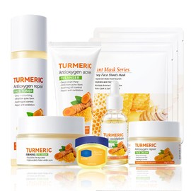 9 Pcs Turmeric Skincare Set with Moisturizing Facial Cleanser,Toner,Face Serum, Face Cream, Eye Cream,Travel Size Lip Balm and 3 Hydrating Face Sheet Masks Skin Care Set
