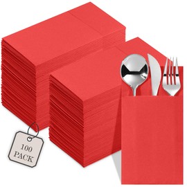 100-Pack Disposable Napkins With Pocket For Flatware, Red Napkins Paper For Christmas, Wedding, Dinner Or Party, Built-In Pocket For Silverware, Prefolded