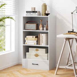 Giantex 4-Tier Bookcase with Drawer, Freestanding Bookshelf with 3 Open Shelves, Modern Display Shelf with Anti-Toppling Kits, Floor Storage Organizer for Living Room, Study, Home, Office (White)