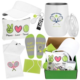 Geiserailie 7 Pcs Women's Tennis Gift Set Including Adjustable Sports Sun Hat Tumbler Cup Cosmetic Bag Tennis Keychain Socks Towel for Women Sport Gift
