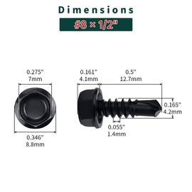 #8 x 1/2" Black Hex Washer Head Self Drilling Screws (100 pcs), 410 Stainless Steel, Black Oxide Coated, Quick Steel Self Tapping Sheet Metal Tek Screws, Fayeploo