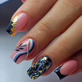 Vezocim Medium Press on Nails - Square Black, 24Pcs French Tips with Glitter Leaf Designs and Charms, Glossy Glue on Nails