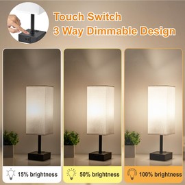 lifeholder Square Touch Lamp, Dimmable USB Lamp Include One LED Bulb, Fabric Shade Lamp Built in 1 USB 1 Type C Ports & 1AC Outlet, Bedside Lamp Idea for Bedroom,White