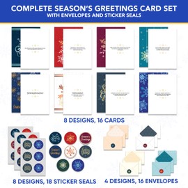 Decorably 16 Pack Foiled Snowflakes Christmas Cards with Envelopes & Stickers - 8 Designs Printed Message Happy Holiday Cards with Envelopes, 5x7in Xmas Cards with Envelopes, Boxed Christmas Cards