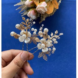 Resweky Pack of 2 Bridal Flower Hair Pins Beads Bridal Hair Pieces Leaf Hair Pin Wedding Bride Hair Accessories for Women and Girls (Gold)