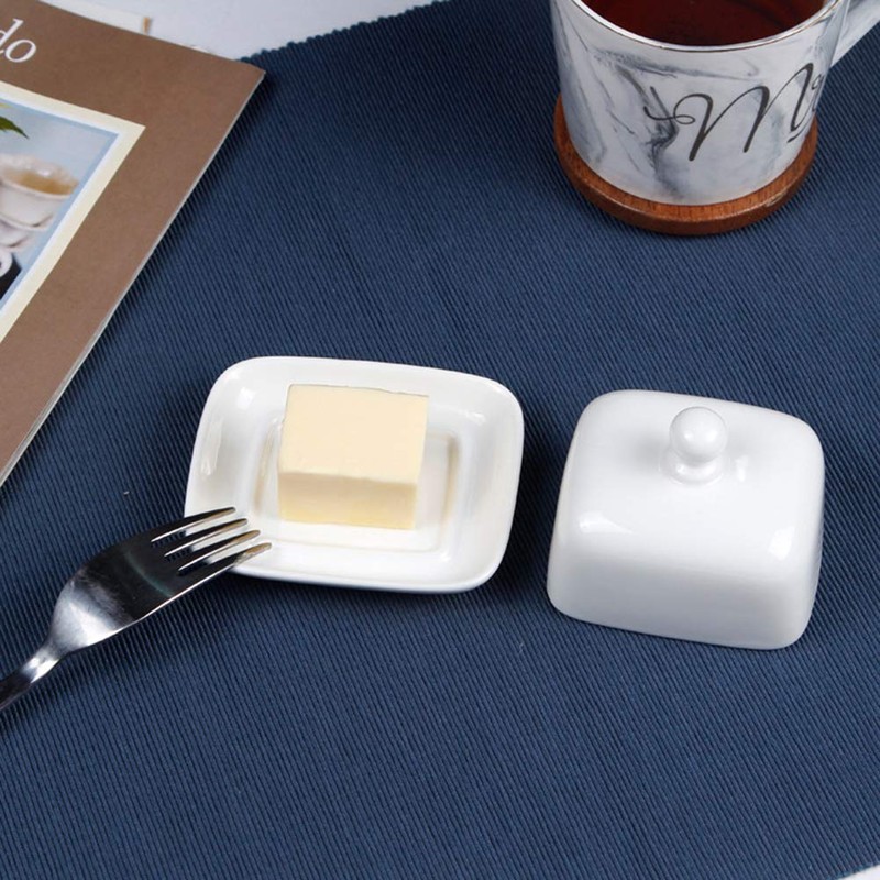 NAGU Small Rectangle Butter Dish with Lid, White Procelain Domed