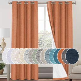 PrinceDeco Linen Blackout Curtains 84 Inches Long 100% Absolutely Blackout Textured Window Curtains for Living Room Energy Saving with White Liner,Anti-Rust Grommet, Orange,2 Panels