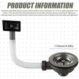 WIYETY 114 mm Stainless Steel Strainer Basket Valve with Overflow, Sink Drain, Strainer Basket Valve, Stainless Steel Kitchen Sink Strainer Basket with Rectangle Interface, Sink Drain Fitting for
