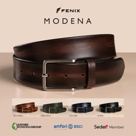 Fenix Modena Men's Adjustable Leather Belt Size 85 cm to 115 cm, Fine Brushed Silver Buckle, 35 mm Wide, Belt Made of Full Cowhide Leather, Burnt Cognac