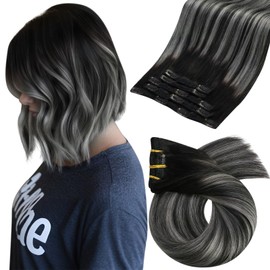 Moresoo Clip in Hair Extensions Real Human Hair Black Ombre to Silver Clip in Human Hair Extensions 12 Inch Remy Straight Hair 5 Pieces/80g #1B/S/1B