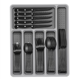 49-Piece Black Silverware Set with Organizer, Stainless Steel Roman Column Black Flatware for 8, Cutlery Utensil Sets with Steak Knives, Rust-proof, Mirror Polished, Dishwasher Safe