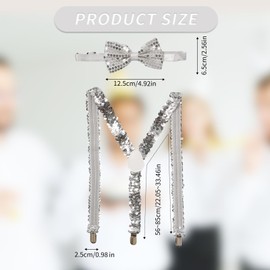 Sequin Suspenders, Glitter Bow Tie, Sequin Costume Accessories for Wedding Party Birthday Parties Hen Party Night (Silver)