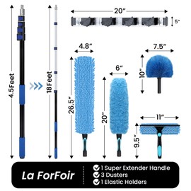 25ft Heavy-Duty Telescoping Ceiling Duster with 5-18ft Pole - Fan Blade Cleaner, Cobweb Remover & Blue Window Squeegee Kit, Washable Dust Brush for High Roof and Glass Surfaces