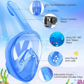 Kids Snorkel Mask Full Face, Snorkeling Gear for Kids 2-14 with Camera Mount, 180 Degree Panoramic View Snorkeling Set Anti-Fog Anti-Leak (Blue+Green)