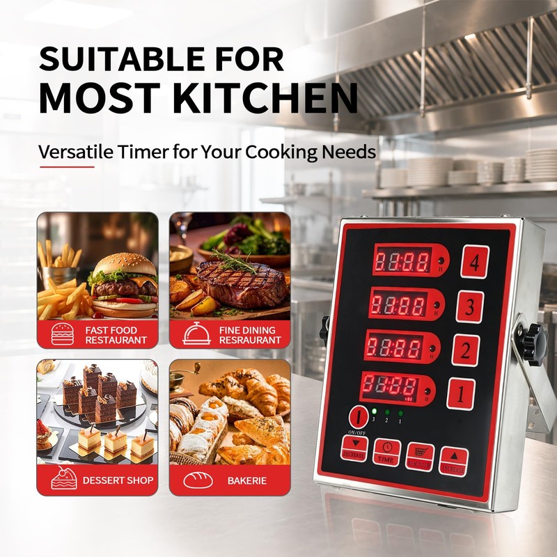 HUOYANSHE Commercial Kitchen Timer, 4-Channel Rechargeable Digital LED Stainless Steel