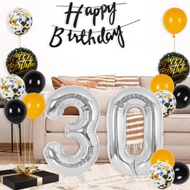 Silver 30th Birthday Decorations Party Supplies-Black Happy 30th Birthday Banner Latex and Confetti Balloons Paper Honeycomb Balls Huge Number 30 Balloons for Girls,Women,Men,Photo Props 30th Birthday