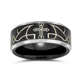 Laser Etched Catholic Religious Black Christ Thorn Cross Titanium Band Ring for Men Comfort Fit 8MM