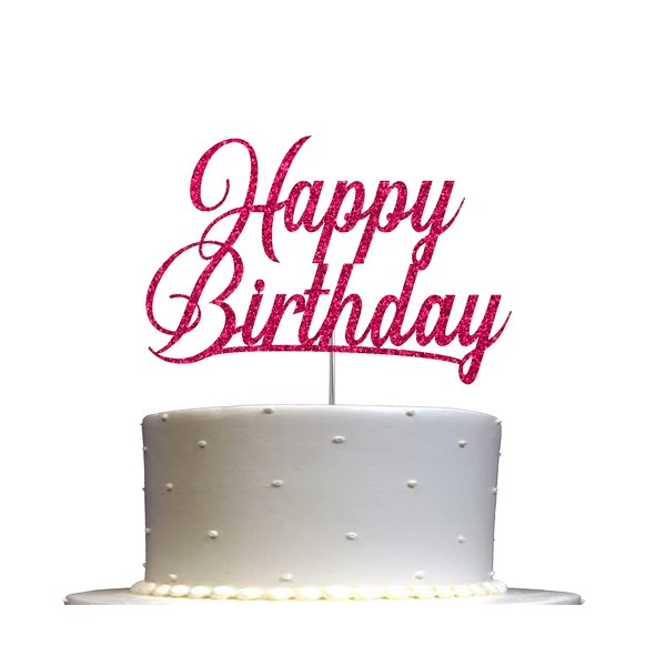 Decoración para tartas con purpurina de feliz cumpleaños, ideas para decoración de fiesta de cumpleaños, decoración de alta calidad, resistente purpurina de doble cara, palo de acrílico. Fabricado en Estados Unidos (fucsia/rosa intenso)