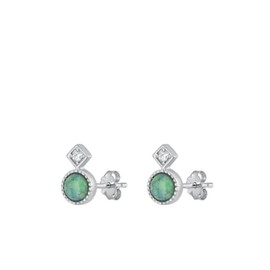 Sterling Silver Unique Simulated Turquoise Clear CZ High Polished Stud Earrings .925 New