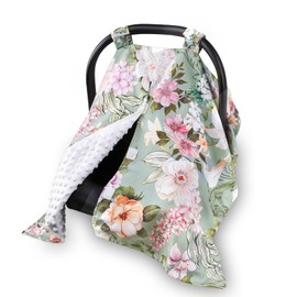 HNHUAMING Car Seat Cover Baby, Flroal Infant Car Seat Canopy Covers for Newborn Girls Boys, Soft Breathable Mink Carseat Covers Stretchy Multi-Use Nursing Cover for Stroller Baby Car Seat, Green Leaf