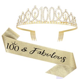 KEUKORZ 100&Fabulous Gold Crown Tiara and Sash Set for Women, Gold Rhinestone Birthday Princess Headband & Glitter Sash for Birthday Party Queen