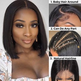 RXY 13 x 4 Bob Straight Wig Real Hair Wig HD Transparent Lace Front Wigs Human Hair Wig Women's Real Hair Wig Glueless Wig Human Hair 150% Density 10 Inches (26 cm)