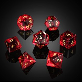 DNDND Glass Dice Set D&D 7 Piece Red Zircon Dice with Great Gift Box for DND Dungeons and Dragon Tabletop Game (Red Glass with Gold Num)