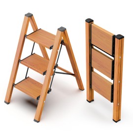 WOA WOA 3 Step Ladder, Foldable Step Stool, Aluminum Lightweight Ladder for Home Kitchen Closet, Anti-Slip Pedals, Ease of Folding, Portable, 300lbs Capacity - Wood Grain