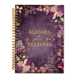 TWRVI Purple Floral Christian Spiral Notebook, Blessed is She Who Believed Bible College Ruled Notebook Journal for School Office Supplies, Religious Journaling Notebooks 5.5"x8.3" 164 Pages