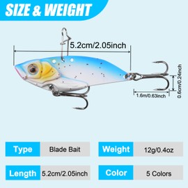 Blade Bait Fishing Spoon Lures, 5pcs Hard Metal Blade Baits VIB Lures for Bass Walleye Trout Spinner Spoon Blade Swimbait Freshwater Saltwater Fishing Tackle Lures