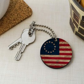 GRAPHICS & MORE Rustic Betsy Ross 1776 Distressed American Flag Wood Wooden Round Keychain Key Chain Ring