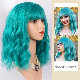 KETTIKALER Teal Wig Short Bob Wig with Bangs Loose Wavy Wig Turquoise Wavy Shoulder Length Bob Synthetic Cosplay Wigs for Women Girl Colorful Costume Wigs 14 Inch