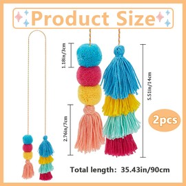 Beebeecraft 2Pcs Colorful Pom Pom Tassel Boho Bag Charm Polyester Tassel Pendant Decoration for Handbags Decorations (240mm)