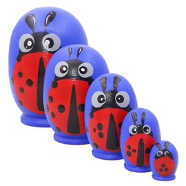 Set of 5 Cute Egg Shape Ladybug Theme Blue Hand Painted Animal Stacking Toy Handmade Russian Nesting Doll for Kids Toy Birthday